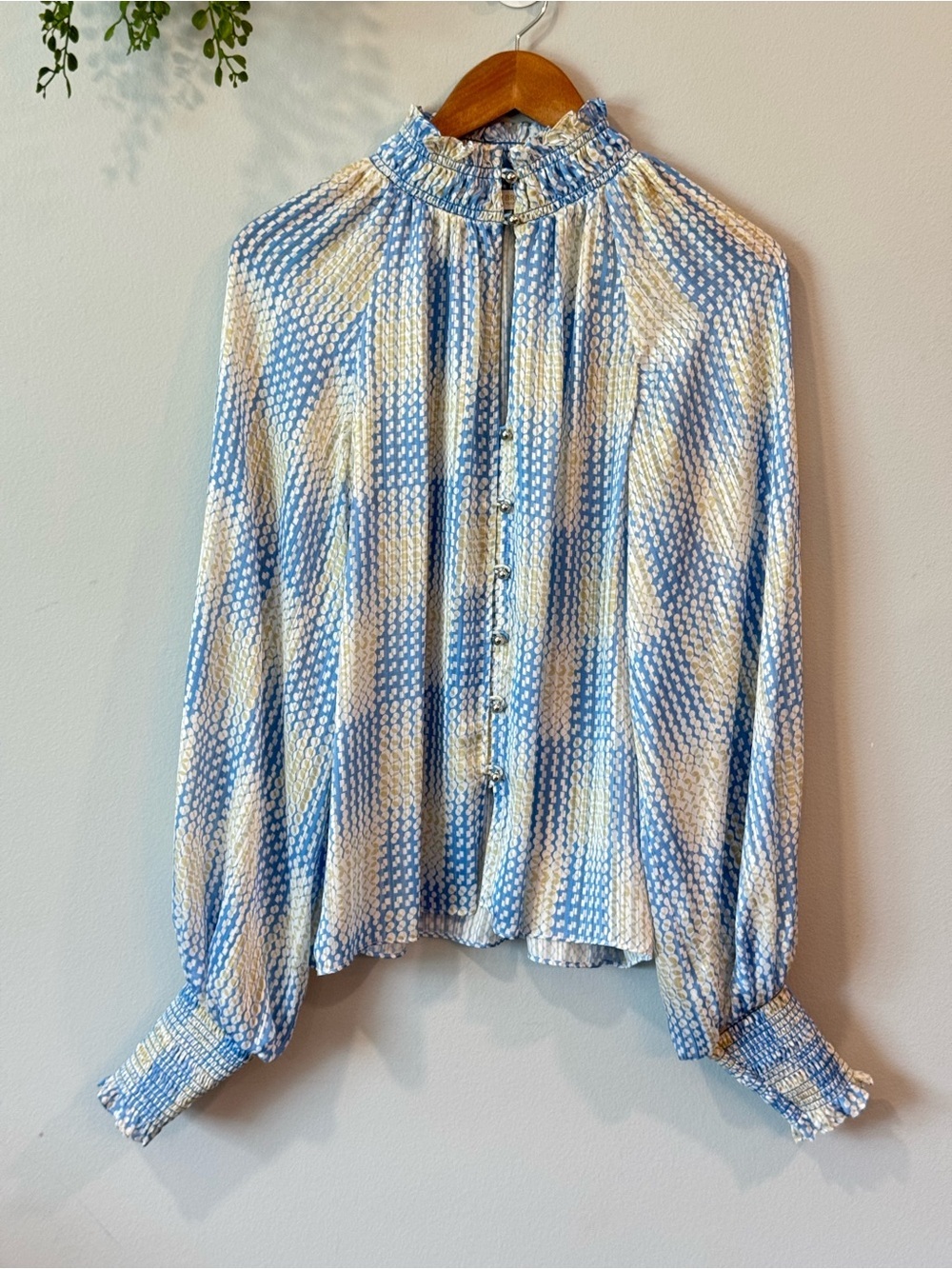 Ramy Brook Blue and Cream Ruffle-Neck Button Blouse Sz 0p